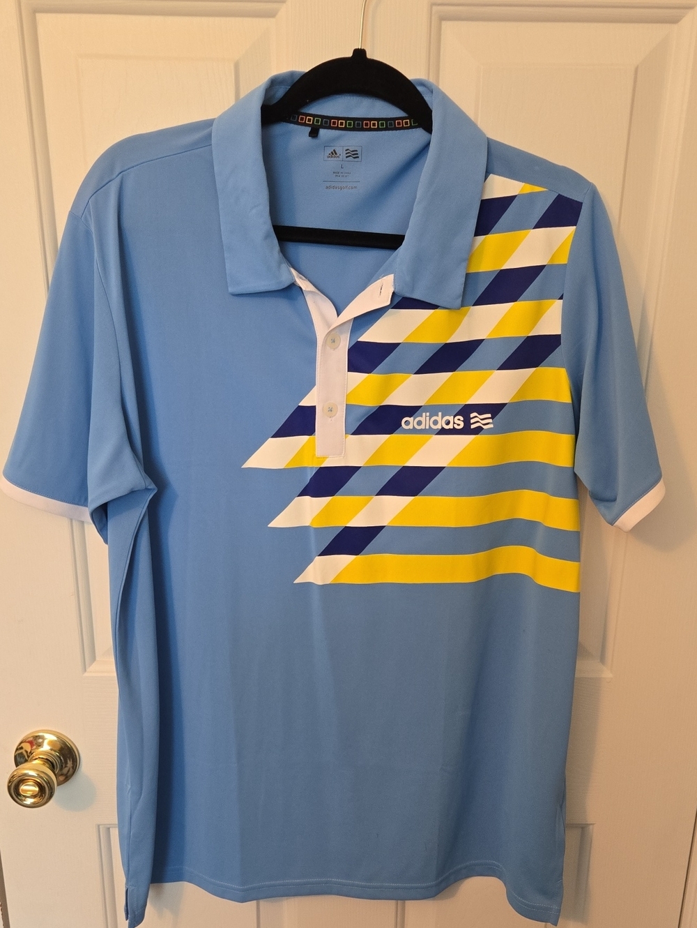 Adidas Golf Polo In Blue With Yellow And White Stripes Size Large